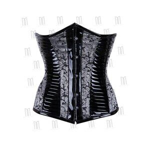 Silver-Black Brocade & Patent Underbust Corset 3 Layers with Stainless Steel Bus